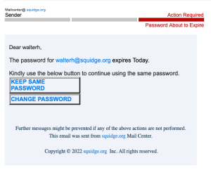 a phishing attempt sent to me (Squidgie) telling me to change my password - at a non-Squidge website.